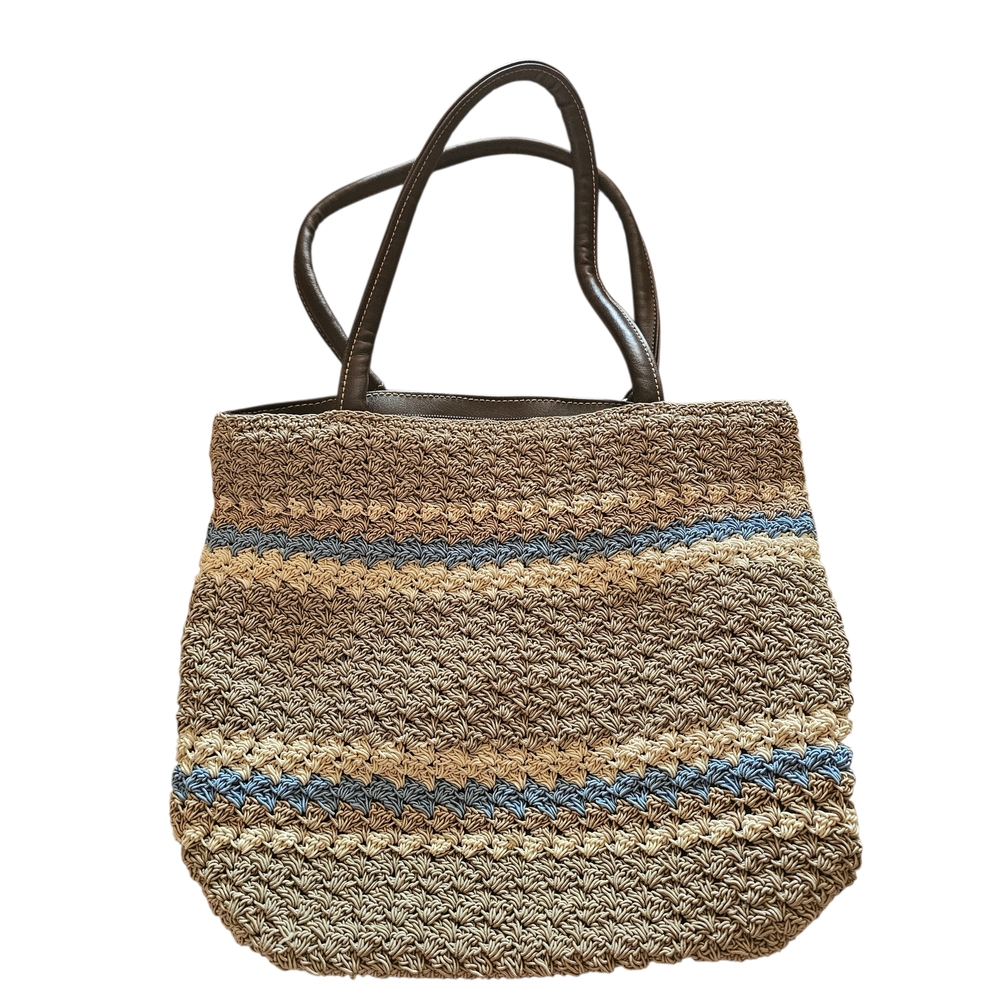 Boho Woven Straw Tote Bag with Brown Handles